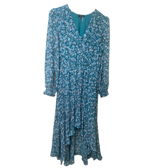 1.STATE Ruffle Dress Medium Long Sleeve Midi Green Floral Cottagecore Hi Lo - Picture 1 of 10